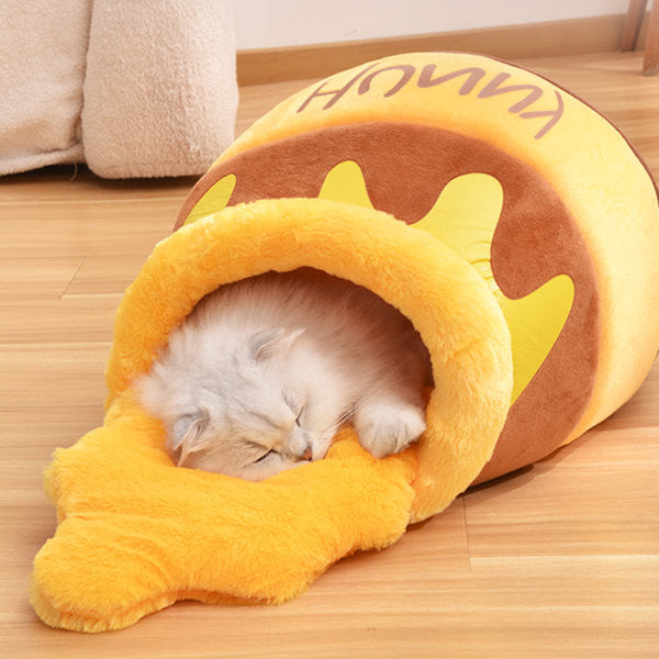 Honey Pot Cat Bed - Soft Plush - Brown - Blue - Perfect for Naps