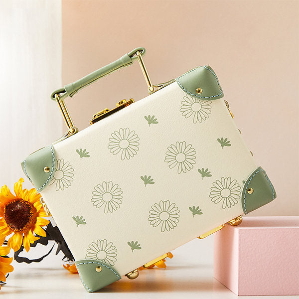 Elegant Daisy Suitcase - Green - Pink - Vintage-inspired