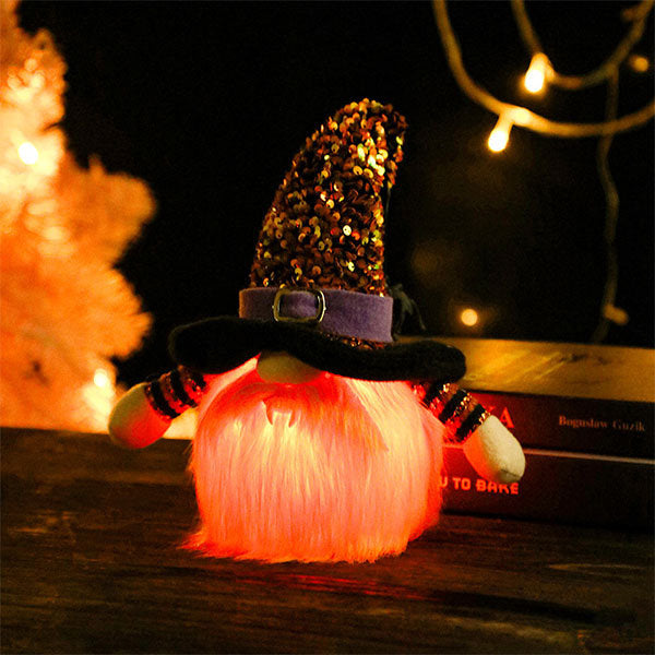 Halloween Gnome Light Set - Sequin Witch Hat - Festive Holiday Decor - Glowing Gnomes