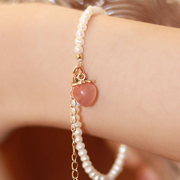 Elegant Peach Pearl Bracelet - Agate Charm - Pink