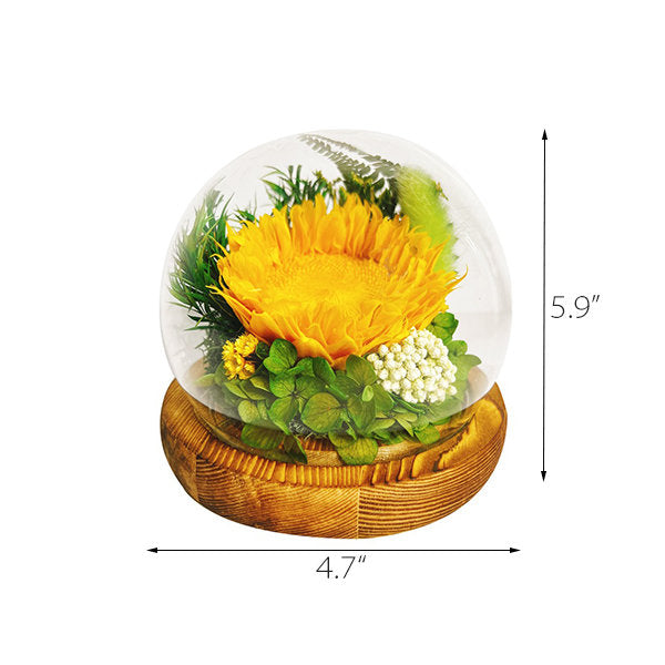 Sunflower Glass Dome Decoration - Wooden Base - Vibrant Home Decor