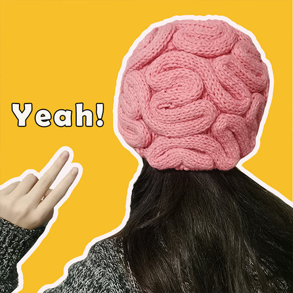 Creative Brain Hat - Fun Knitted Design - Gray - Pink - Cozy and Unique Winter Accessory