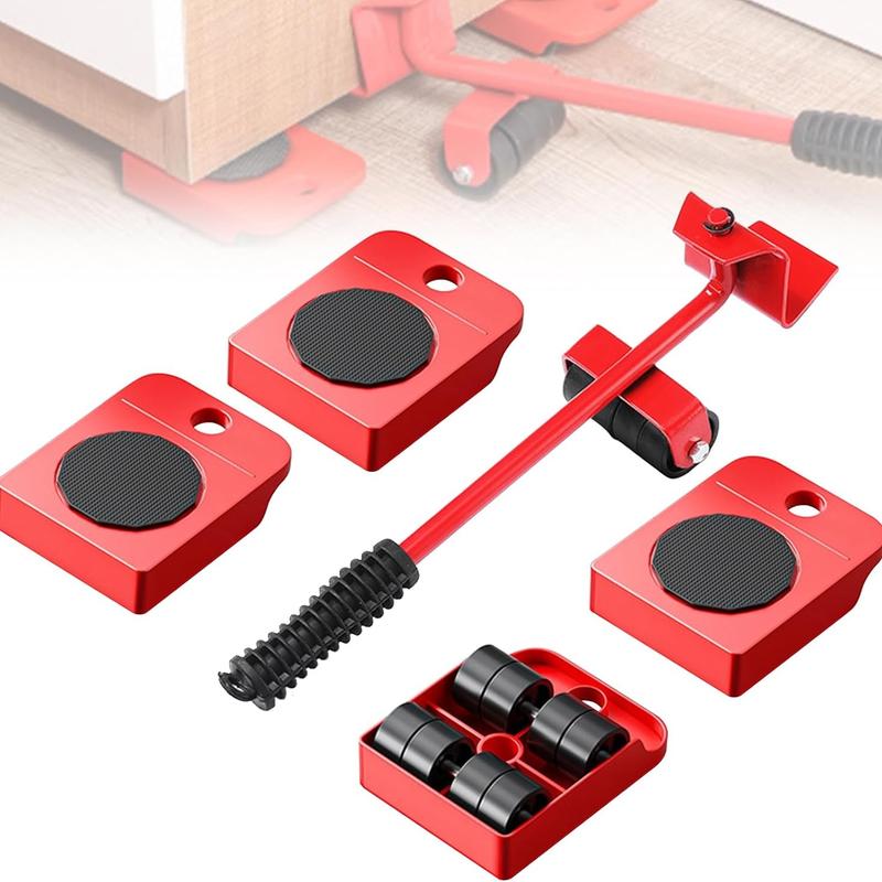 5-Pack Furniture Moving Kit - Heavy-Duty Slider Pads - Steel Lifter Tool - Easy Home Relocation - Red or Yellow