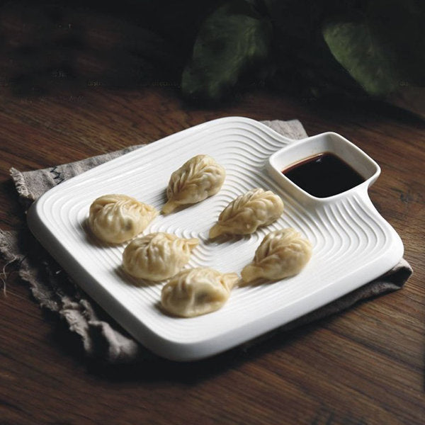 Elegant White Ceramic Dumpling Plate - Built-in Sauce Compartment - Two Stylish Designs