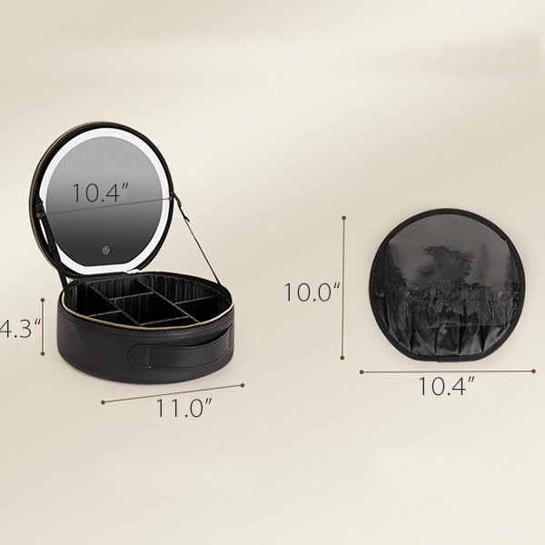 Round Makeup Bag - LED Mirror - PU Leather - Black - Pink - Convenient Handle for Travel