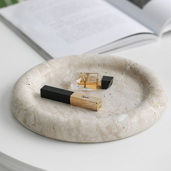 Round Decorative Storage Tray - Wabi-sabi - Elegant Decor - Unique Travertine Texture