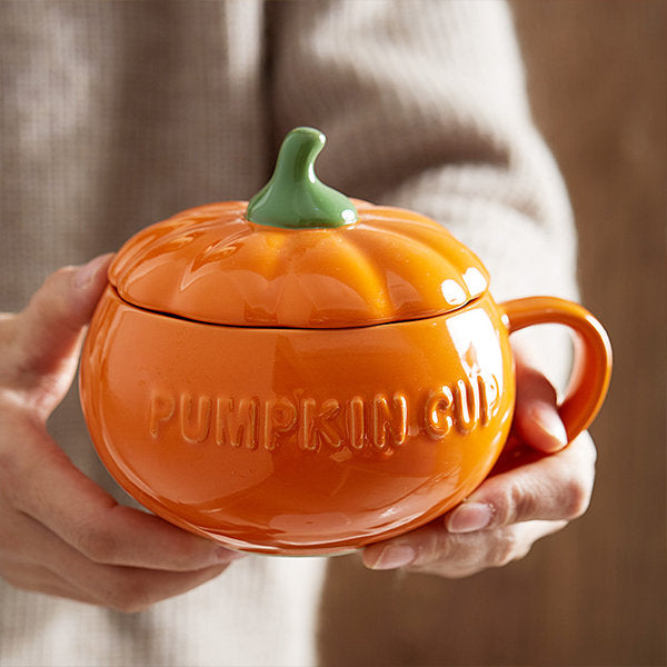 Pumpkin Mug - Ceramic Halloween Cup with Lid - Enjoy Your Spooky Season Sips