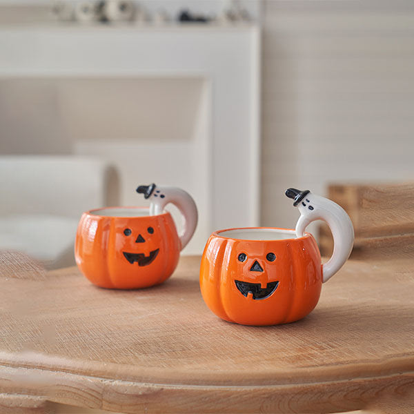 Halloween Pumpkin Mug – Ghost Handle – Ceramic Coffee Cup – Festive Fall Drinkware