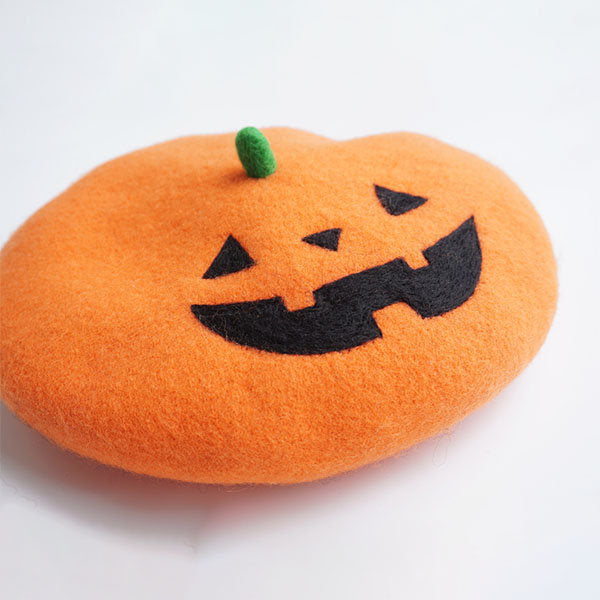 Halloween Pumpkin Wool Beret – Orange – Jack-o'-Lantern Design – Fun Halloween Accessory