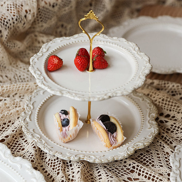 Elegant Two-Tier Ceramic Dessert Stand - Wedding and Gathering - Lace Detailing