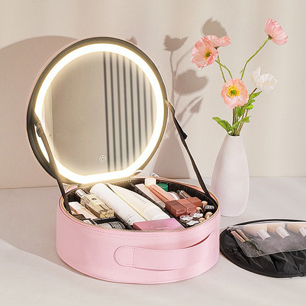 Round Makeup Bag - LED Mirror - PU Leather - Black - Pink - Convenient Handle for Travel