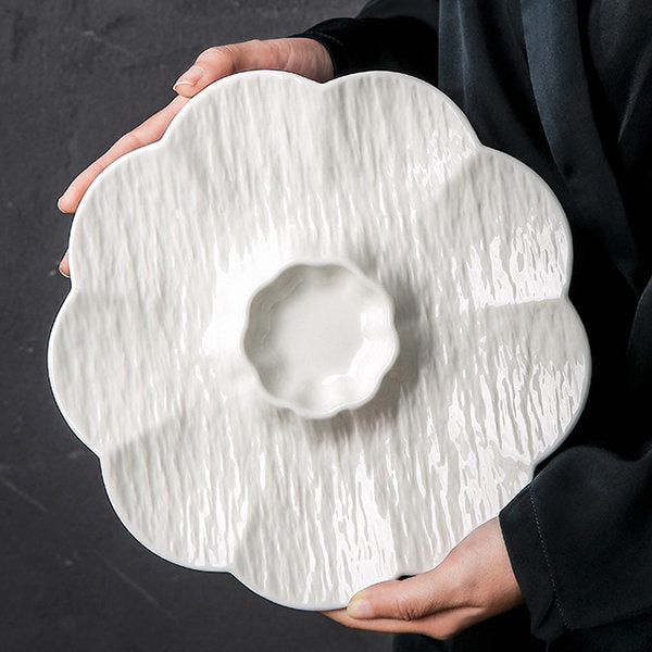 Floral Divided Serving Plate - Ideal for Dumplings and Sushi - Elegant White Ceramic