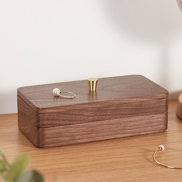 Elegant Walnut Wood Jewelry Box - Two-layered - Brass Handle Lid - Jewelry Storage