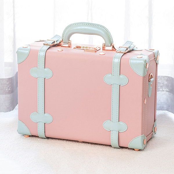 Elegant Vintage Suitcase -  Faux Leather - Pink - Green - For Journey