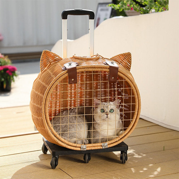 Whimsical Rattan Cat Carrier Trolley - Adorable Cat-ear Design - Easy-to-use Handle