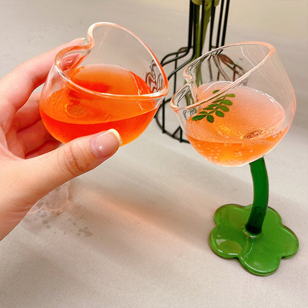 Heart-Shaped Glass Goblet - Flower Base - Pink - Green - Cocktail Glass