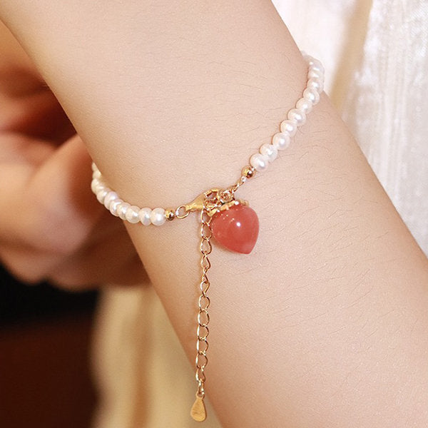 Elegant Peach Pearl Bracelet - Agate Charm - Pink