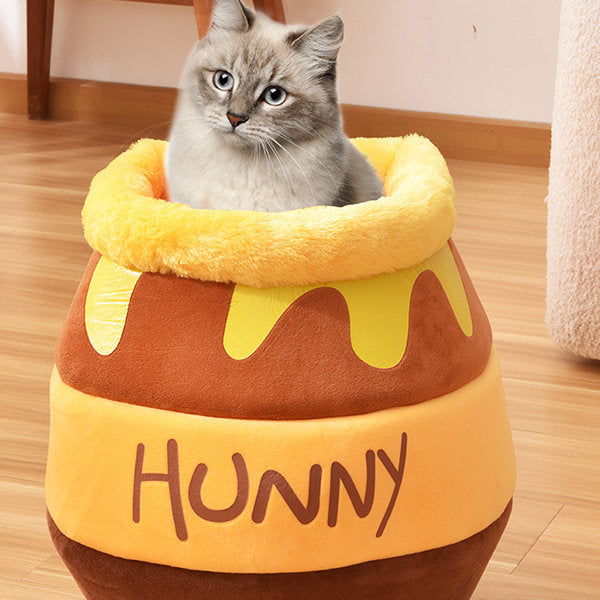 Honey Pot Cat Bed - Soft Plush - Brown - Blue - Perfect for Naps