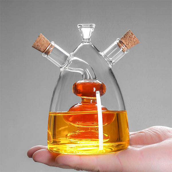 Dual-Chamber Glass Oil Dispenser - Easy Pour Spouts - Airtight Cork Stoppers