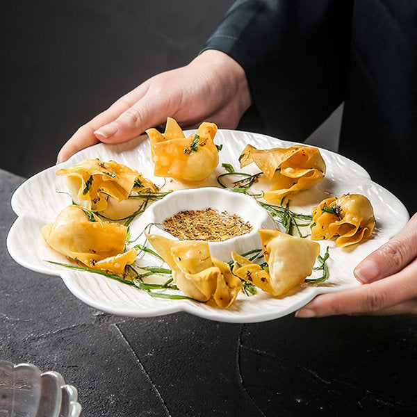 Floral Divided Serving Plate - Ideal for Dumplings and Sushi - Elegant White Ceramic