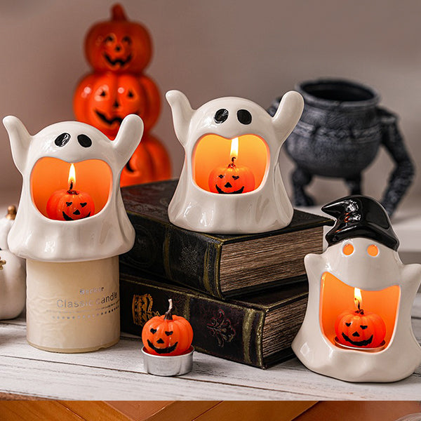 Halloween Ghost Candle Holder - Ceramic - Festive Holiday Décor - White Glossy Finish