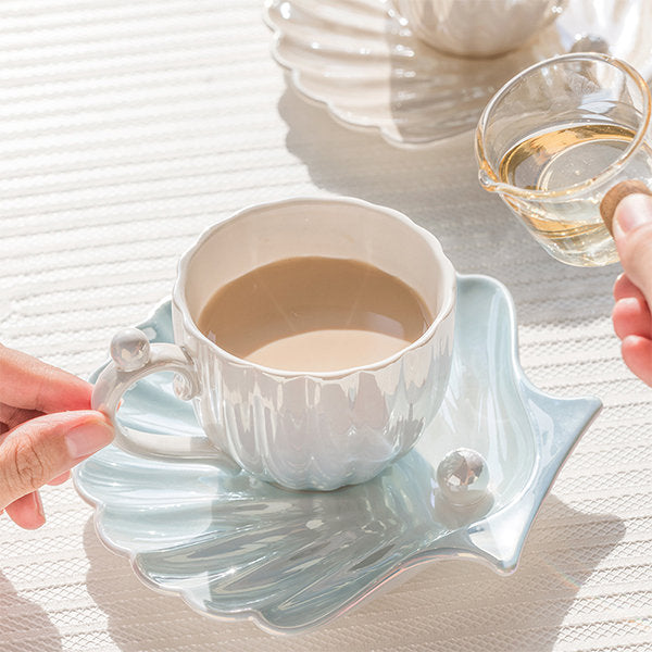 Ceramic Seashell Pearl Cup and Saucer Set - Elegant Accent - Pink - Blue