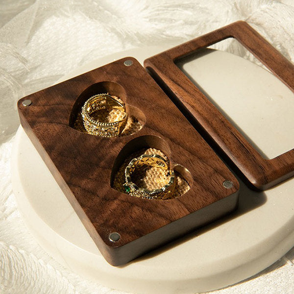 Black Walnut Wedding Ring Box - Heart-shaped Compartments - Glass Lid for Display