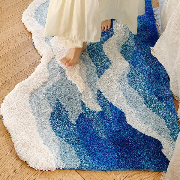 Ocean Waves Rug – Coastal-Inspired Carpet - Serene Blue and White Hues