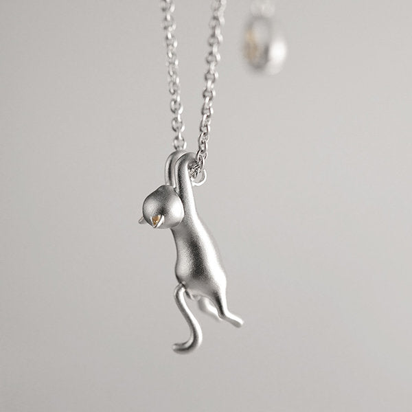 Silver Cat Pendant Necklace - Cat Lovers Jewelry - Playful Gifts - Elegant and Fun