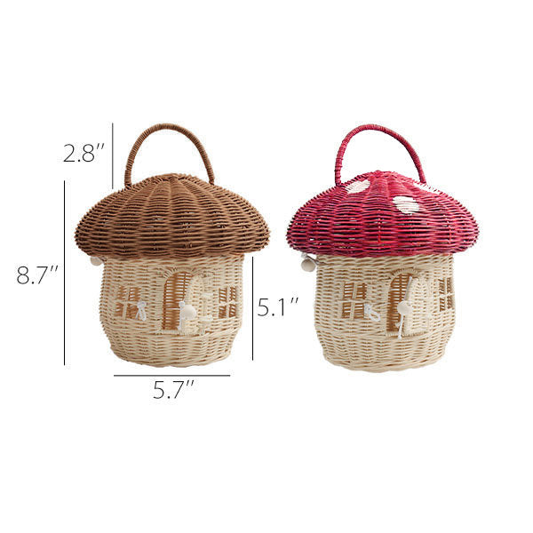 Wicker Mushroom Basket - Handwoven Storage Tote - Red and Brown - Natural Rattan Material - Picnic & Camping Organizer