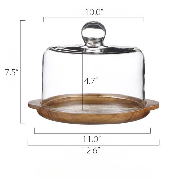 Double-Handled Cake Tray - Glass Cover - Wooden Base - Elevate Your Dessert Display