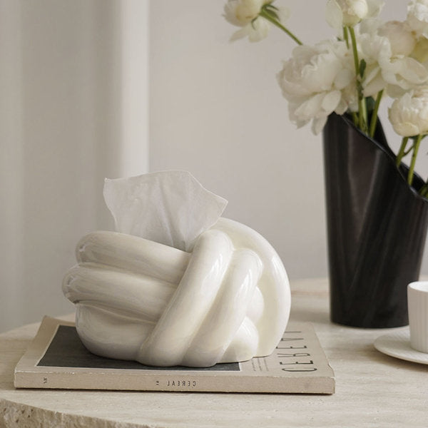 Elegant Knotted Ceramic Tissue Box - Beige - White - Unique Home Decor