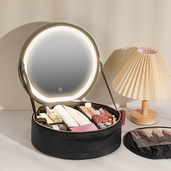 Round Makeup Bag - LED Mirror - PU Leather - Black - Pink - Convenient Handle for Travel