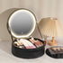 Round Makeup Bag - LED Mirror - PU Leather - Black - Pink - Convenient Handle for Travel