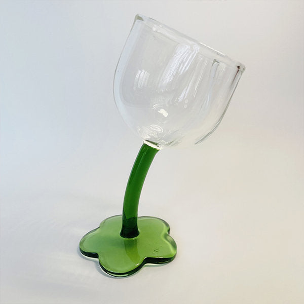 Heart-Shaped Glass Goblet - Flower Base - Pink - Green - Cocktail Glass