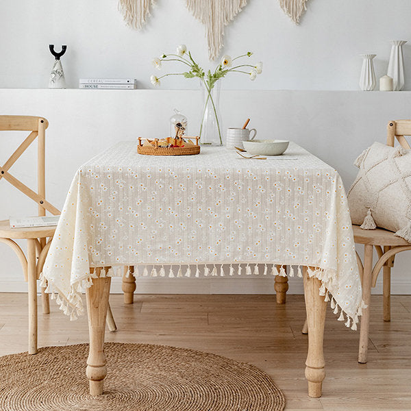 Daisy Delight Tablecloth - Cotton - Country Cottage Charm - Delicate Tassel Edges