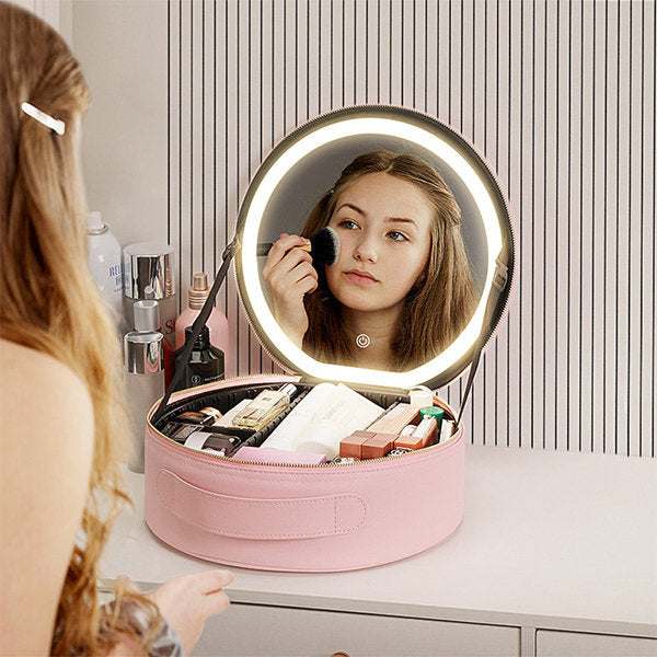 Round Makeup Bag - LED Mirror - PU Leather - Black - Pink - Convenient Handle for Travel