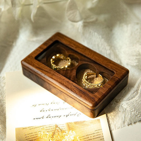 Black Walnut Wedding Ring Box - Heart-shaped Compartments - Glass Lid for Display