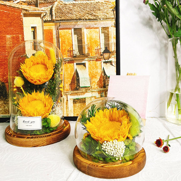 Sunflower Glass Dome Decoration - Wooden Base - Vibrant Home Decor