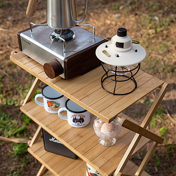 Foldable Four-Tier Bamboo Storage Rack - Outdoor Camping - Versatile Organizer