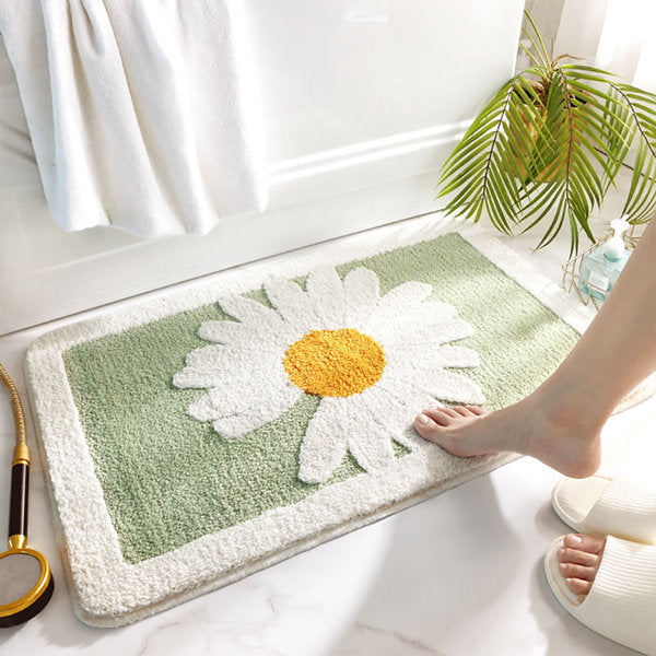 Daisy Bath Mat - Gray - Blue - Green - Non-slip Backing