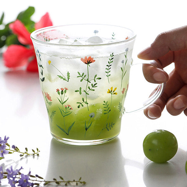 Fresh Floral Glass Mug - Delicate Floral Design - Comfortable Handle