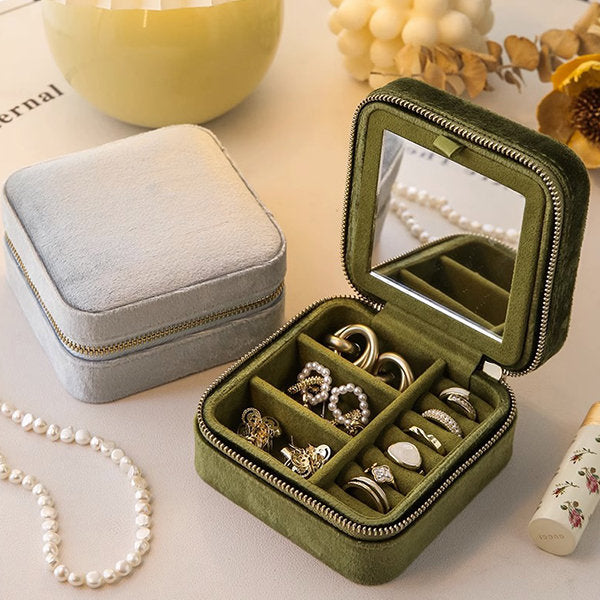 Elegant Portable Jewelry Organizer - With Mirror - Green - Khaki - Storage Case