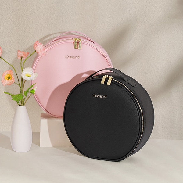 Round Makeup Bag - LED Mirror - PU Leather - Black - Pink - Convenient Handle for Travel