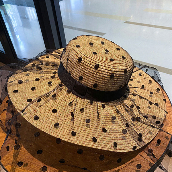 Polka Dot Mesh Beach Hat - Wide Brim for Sun Protection - For Summer