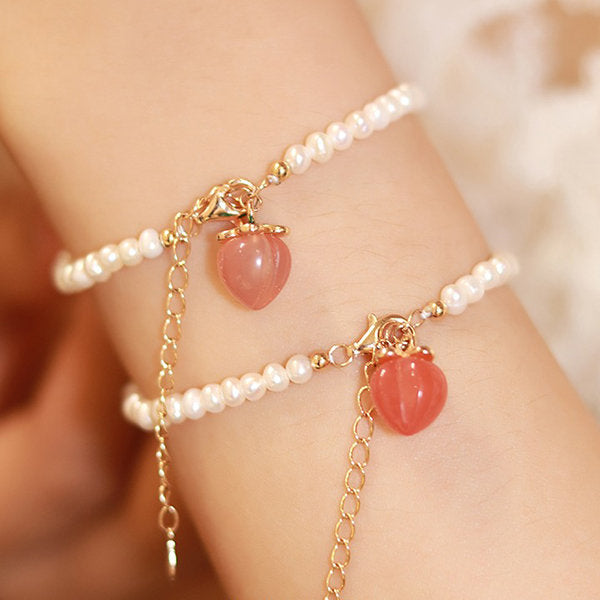 Elegant Peach Pearl Bracelet - Agate Charm - Pink