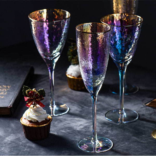 Iridescent Stemware - Wine and Champagne Glasses - Gold Rim Detailing