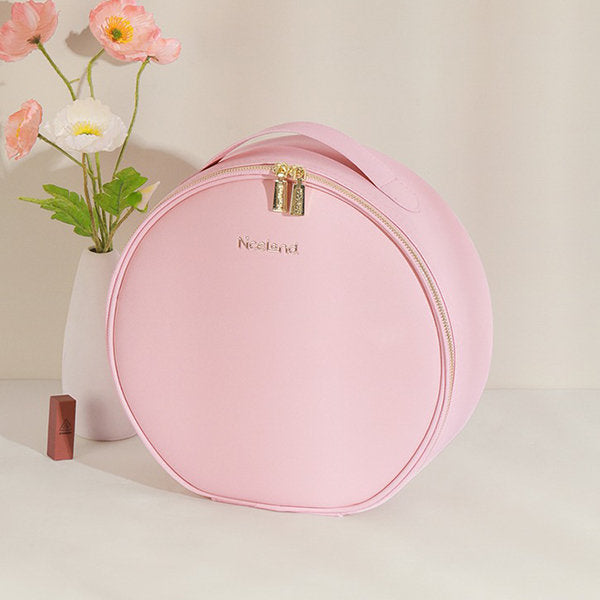 Round Makeup Bag - LED Mirror - PU Leather - Black - Pink - Convenient Handle for Travel