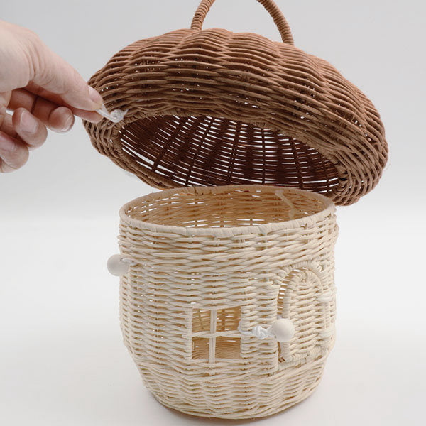 Wicker Mushroom Basket - Handwoven Storage Tote - Red and Brown - Natural Rattan Material - Picnic & Camping Organizer
