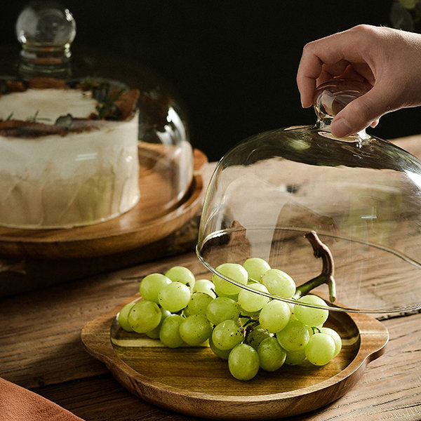 Double-Handled Cake Tray - Glass Cover - Wooden Base - Elevate Your Dessert Display